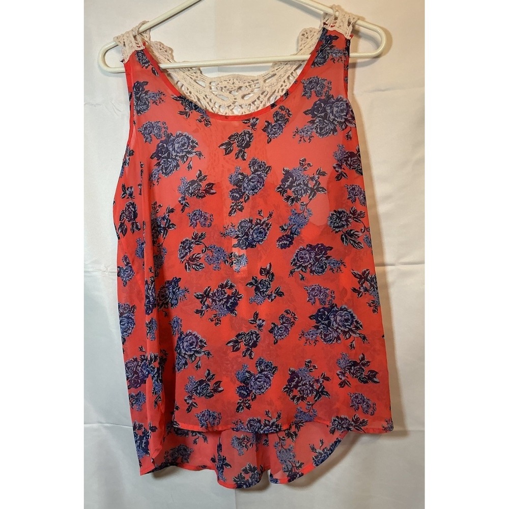 No Boundaries Coral Floral Tank Top With‎ Crochet Size L (11-13) Sheer Polyester